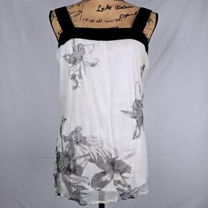 Y2K Miss Me 100% Silk Floral Print Tank Top Blouse Size S Black/Cream Trim